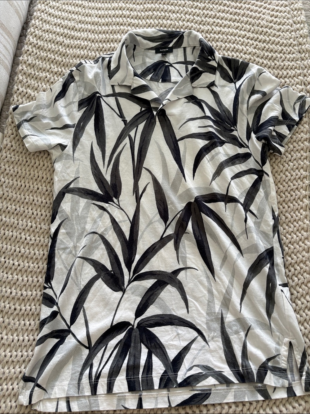 Express Men’s Short Sleeve Polo — Black & White Leaf Print